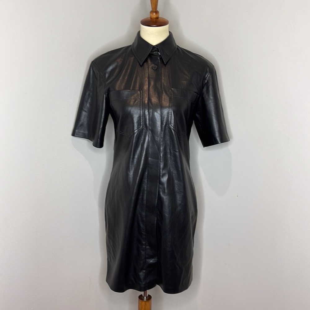 NANUSHKA “Berto” Vegan‎ Leather Collared Button-down Shirtdress in Black - Picture 6 of 15